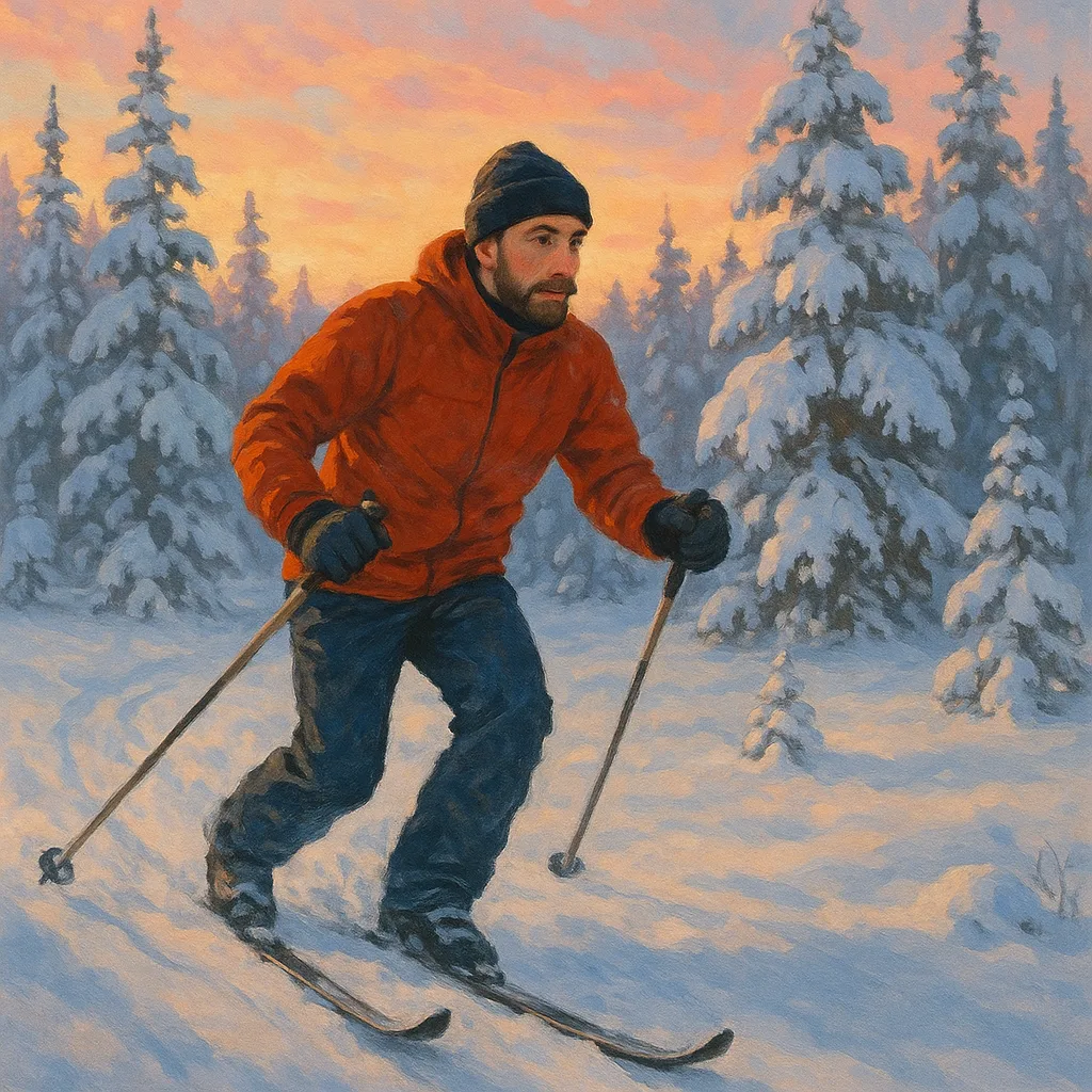 Skier Gliding Through Snowy Terrain