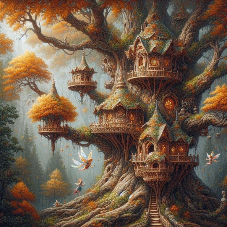 Intricate Fairy Castle Tree House Illustration