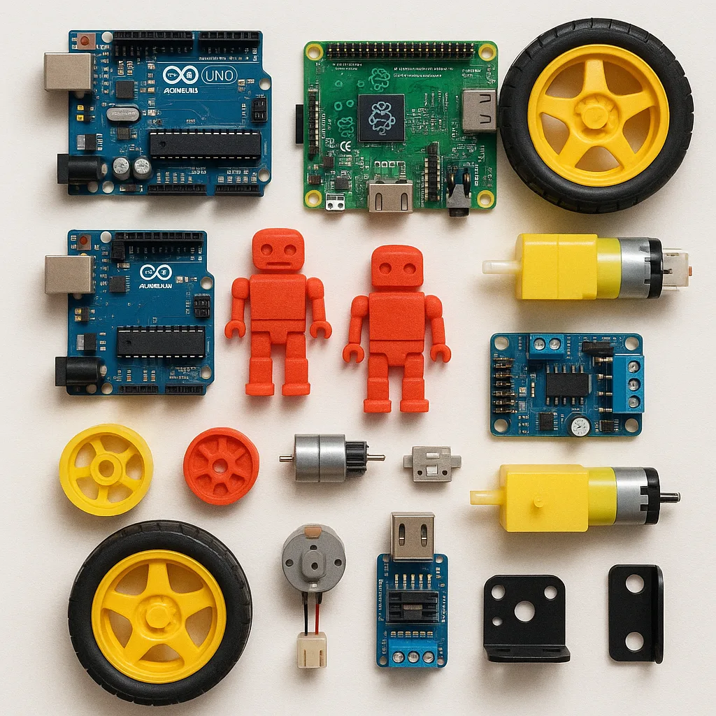 Collection of Small Robotic Components Including Arduino Boards