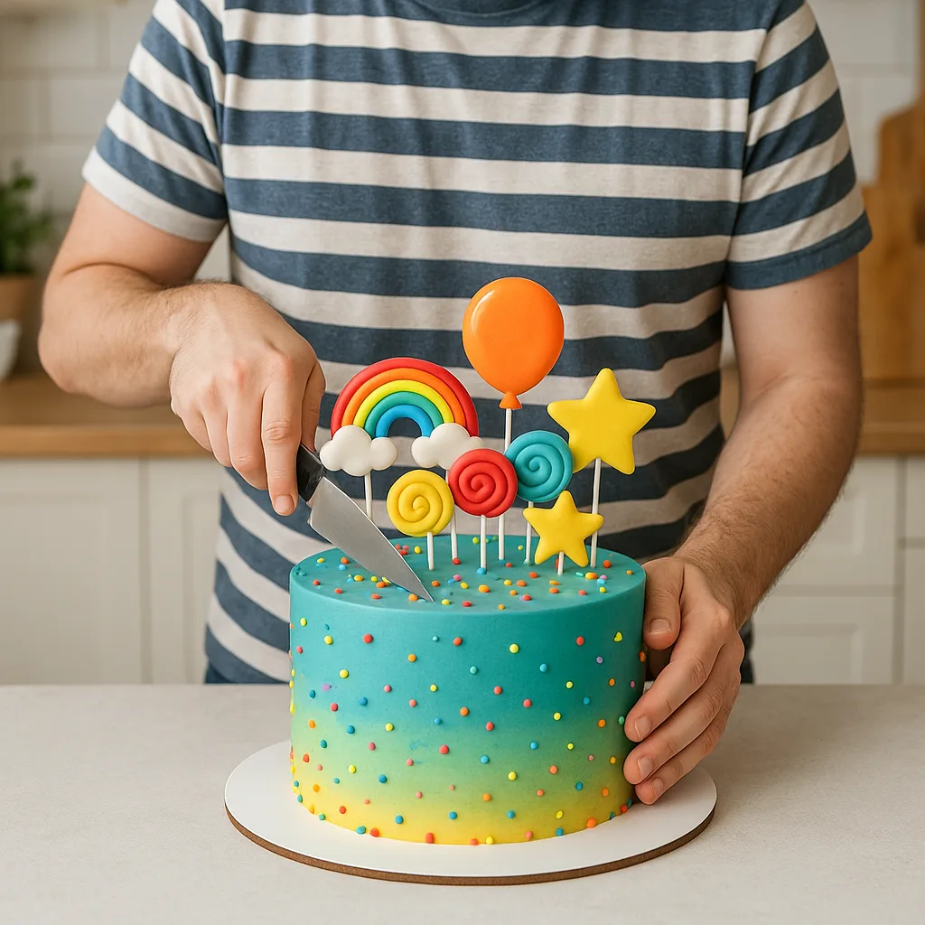 Person Wearing a Striped Shirt Is Cutting a Colorful