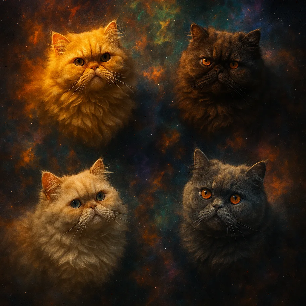 Four Diverse Persian Cats Radiate Amidst Vibrant Nebulae