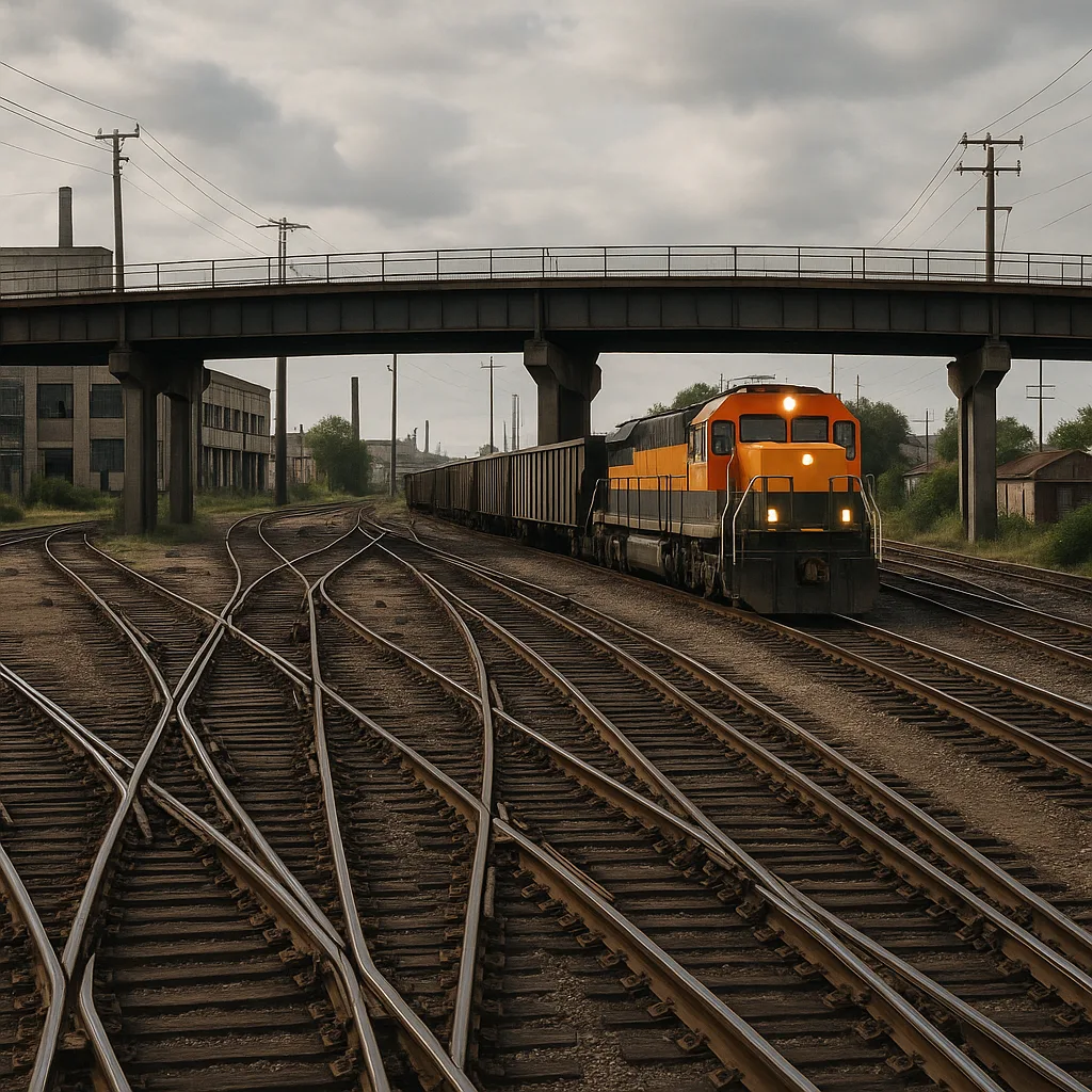 Railroad Yard with Multiple Intersecting Tracks and a Train