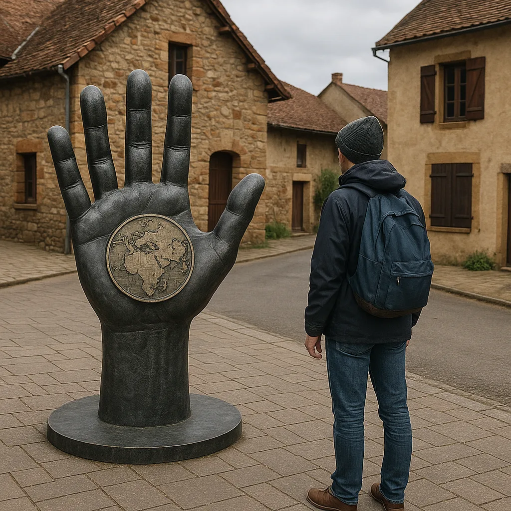 Person Stands Next to a Metal Sculpture Resembling a Hand
