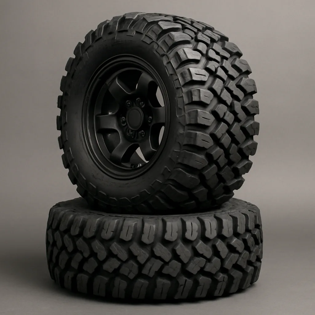 Two Stacked Rugged Black Off-road Tires with Robust Tread Patterns