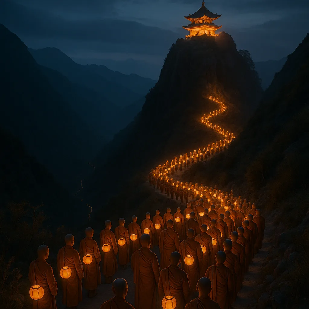 Winding Procession of Hundreds of Lantern-bearing Monks Slowly Makes