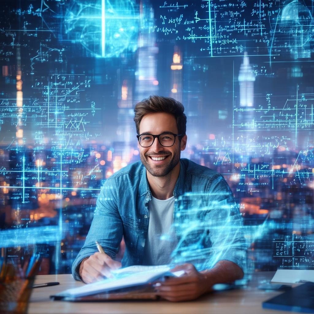 Smiling Mathematician Amid Floating Holographic Equations