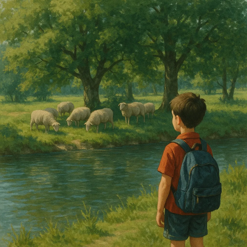 Boy with a Backpack Stands by a Riverside
