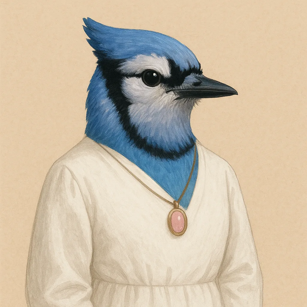 Blue Jay Wearing a White Outfit with a Pink Pendant