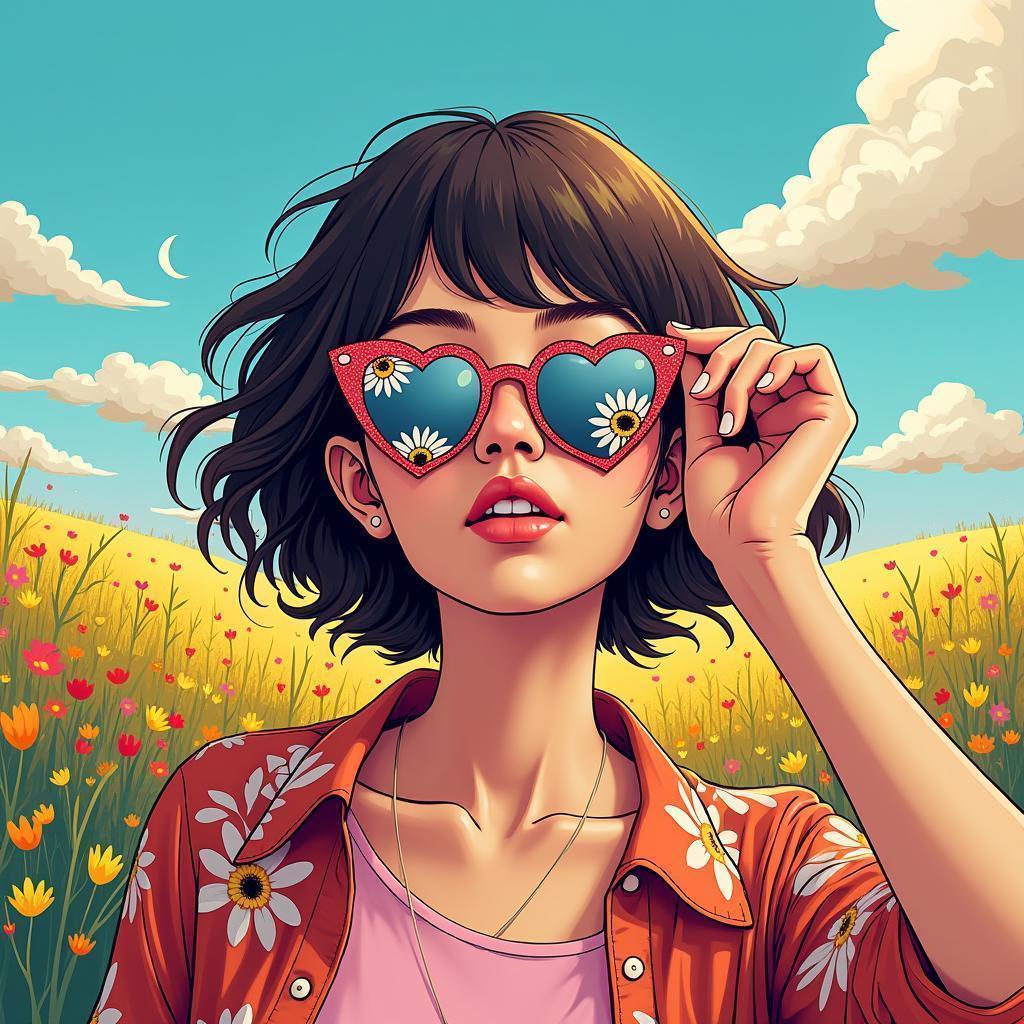 Manga Figure Holding Floral Sunglasses in Abstract Bloom