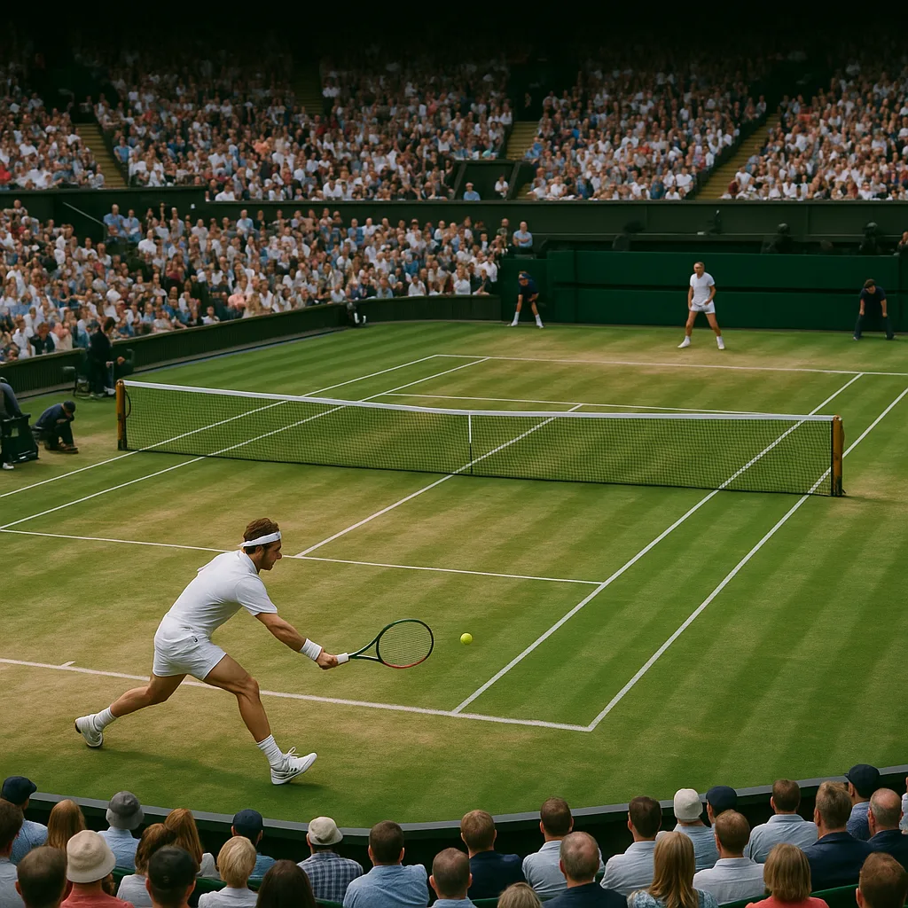 Professional Tennis Match on a Worn Grass Court