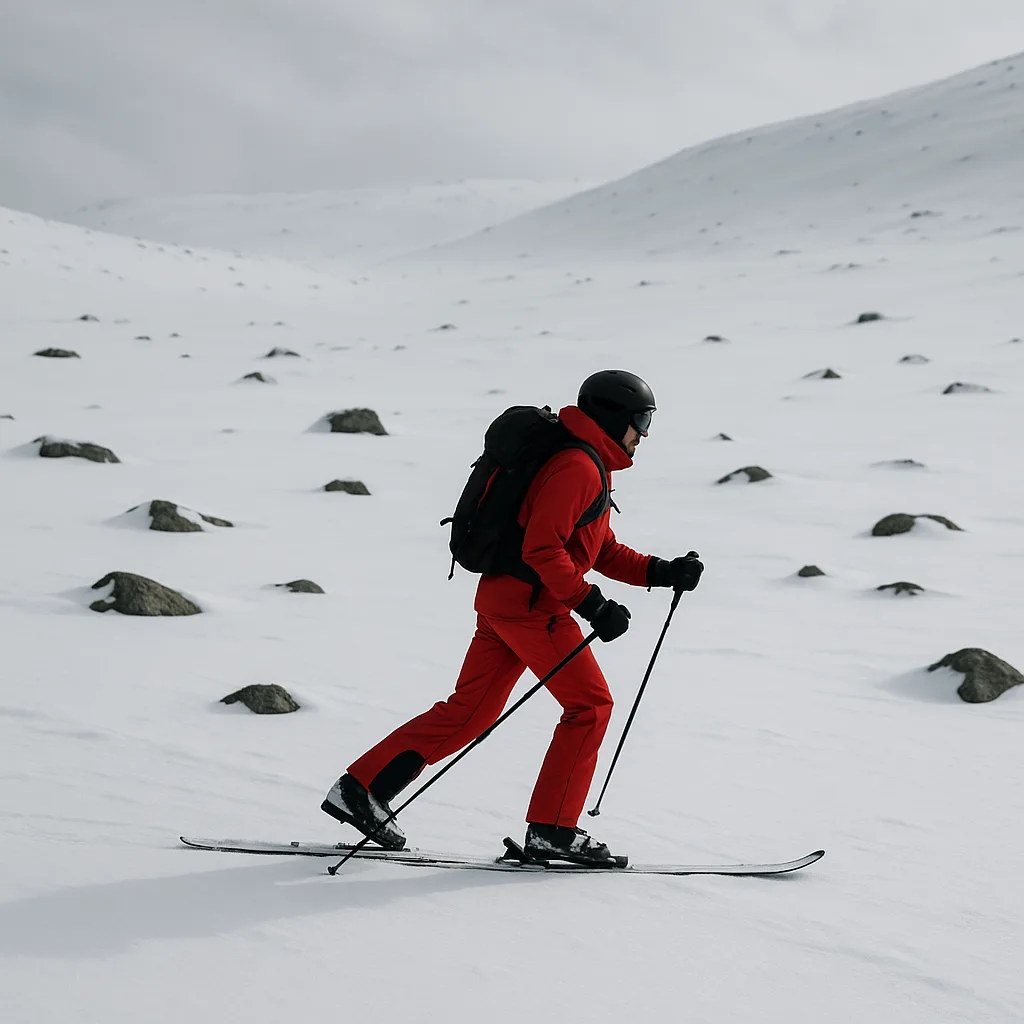 Skier in Red Pants and a Backpack Glides