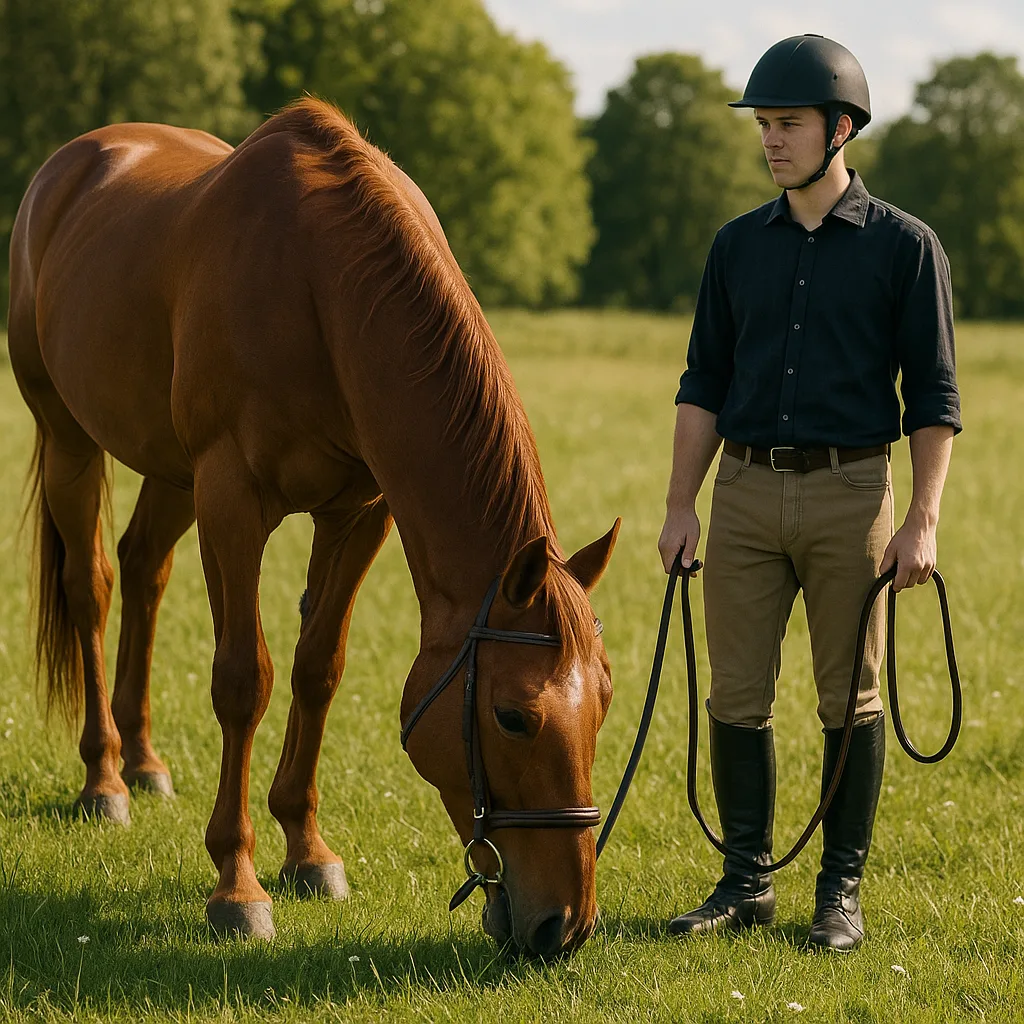 Rider Stands Close to a Chestnut Horse