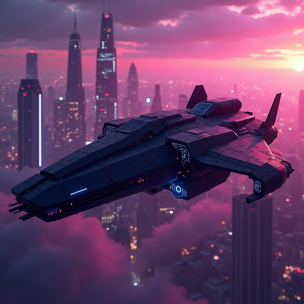 Neonpunk Spaceship Gliding Over a Cyber City