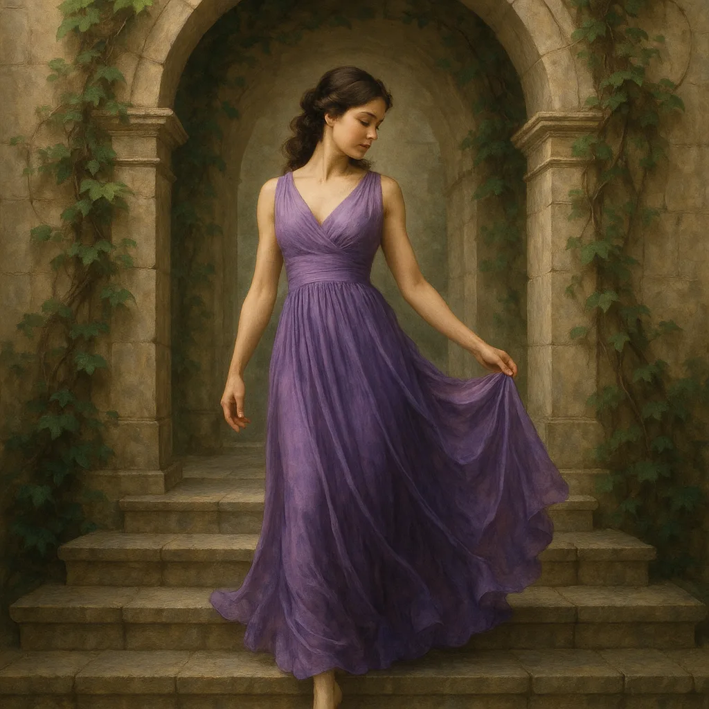 Woman in a Flowing Purple Dress Stands Gracefully on Steps
