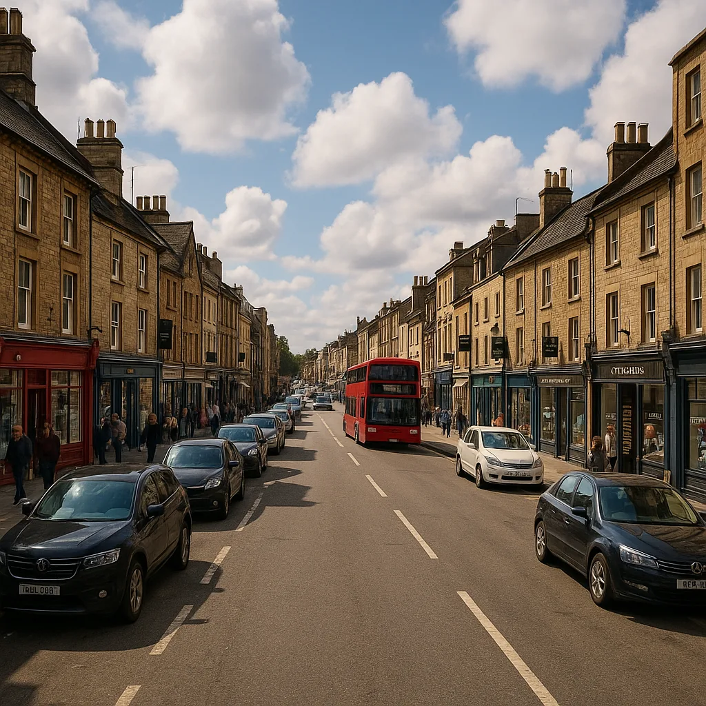 Bustling Street Lined with Stone Buildings