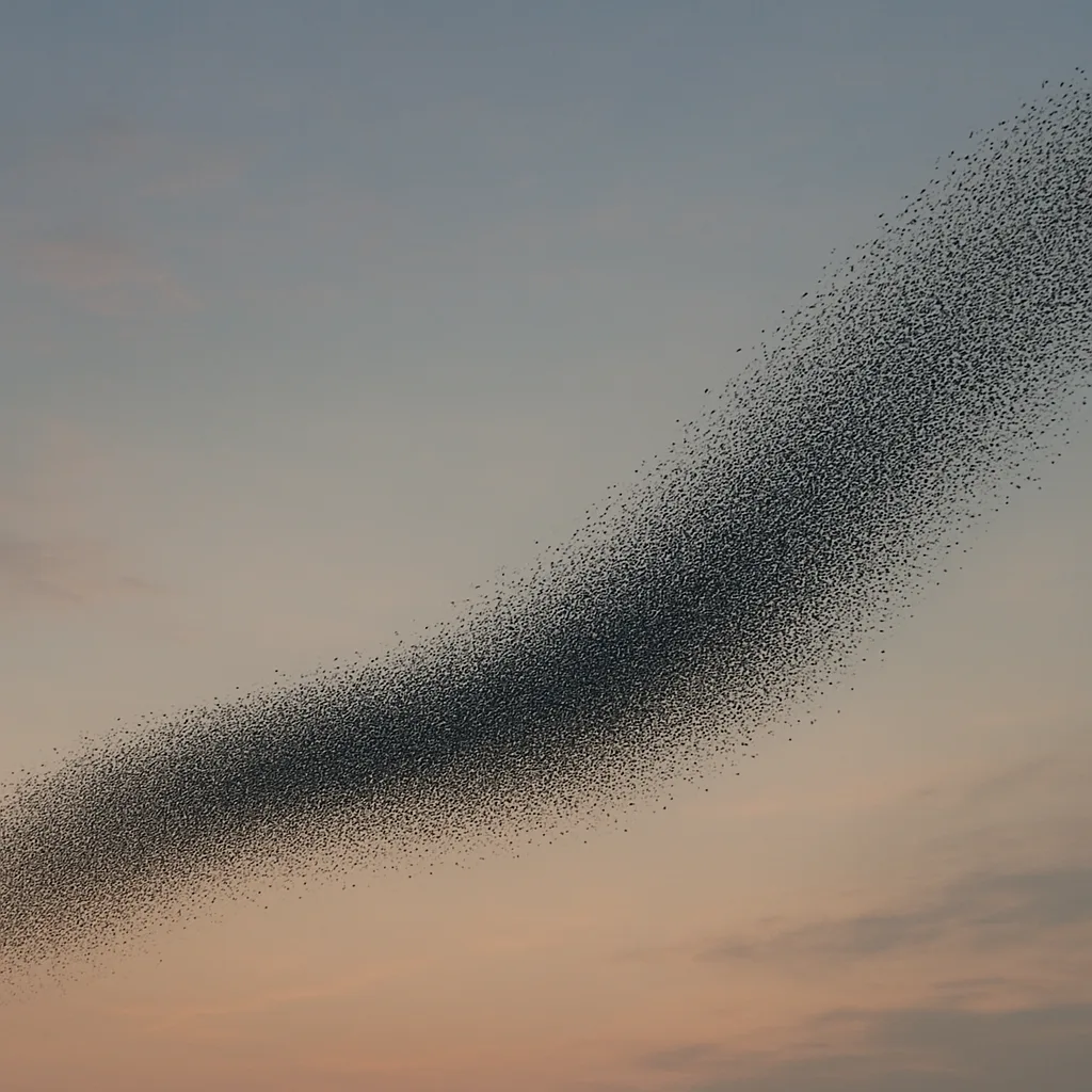 Vast Murmuration of Countless Tiny Birds Flows Like