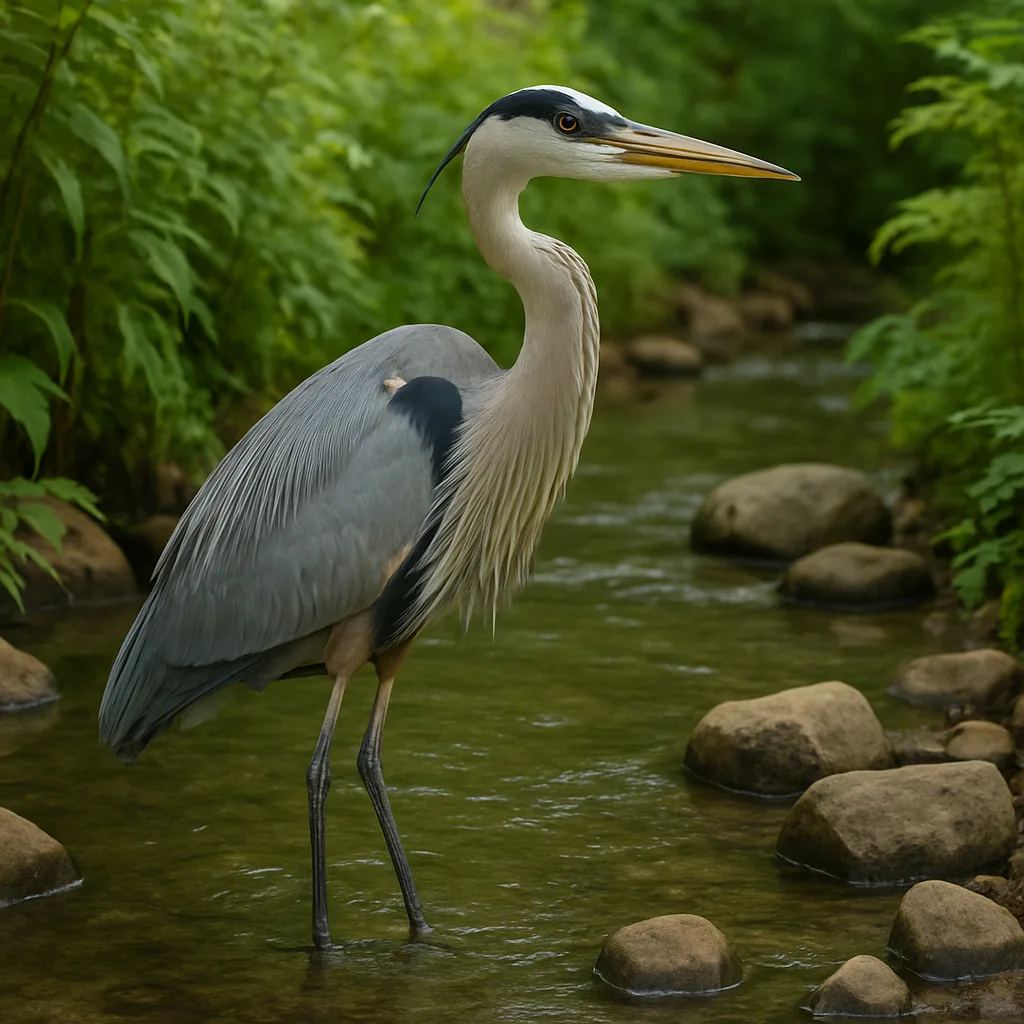 Great Blue Heron Standing in a Shallow Stream