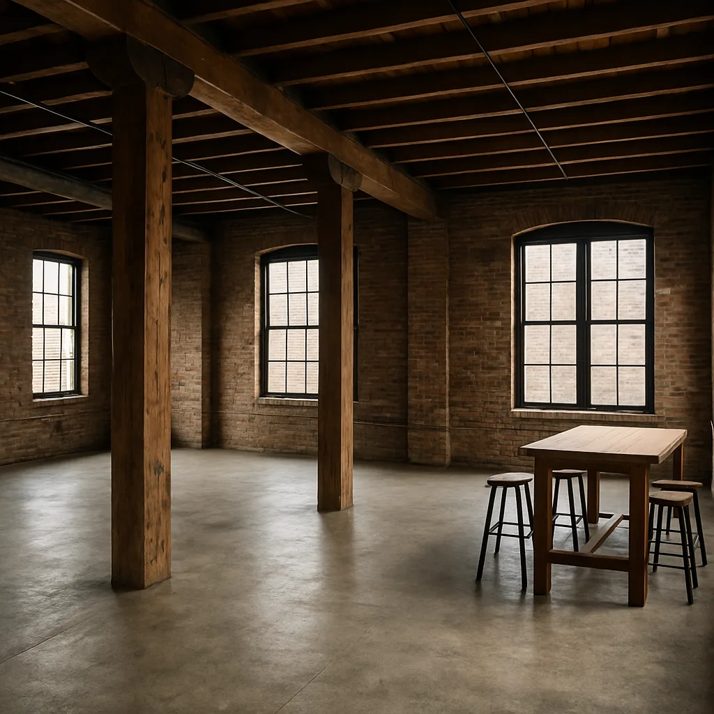 Open Industrial-style Room with Wooden Pillars