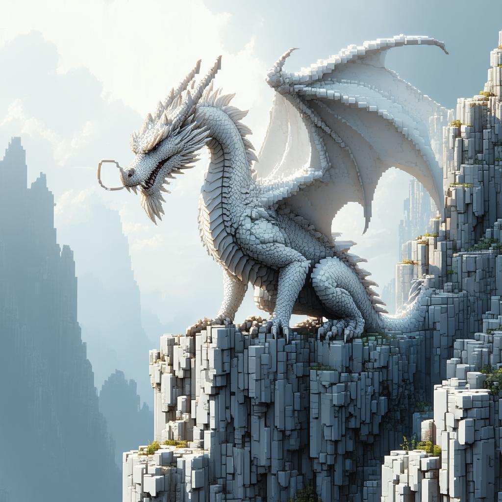 Pixel White Dragon Perched on Blocky Cliffs