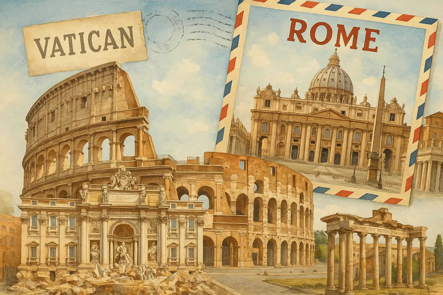 Travel-themed Collage Featuring Iconic Landmarks of Rome and the Vatican