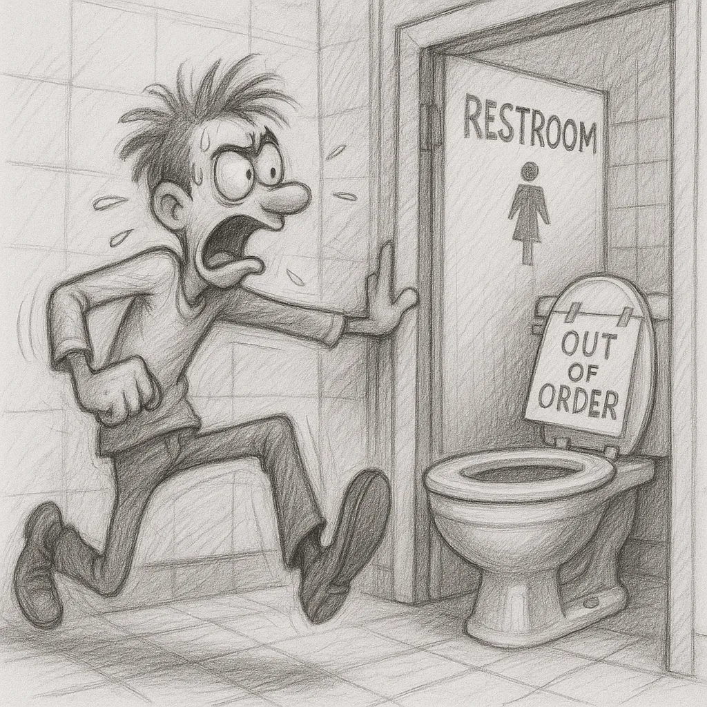 Restroom Sketch Could Portray a Character Hurrying to Address