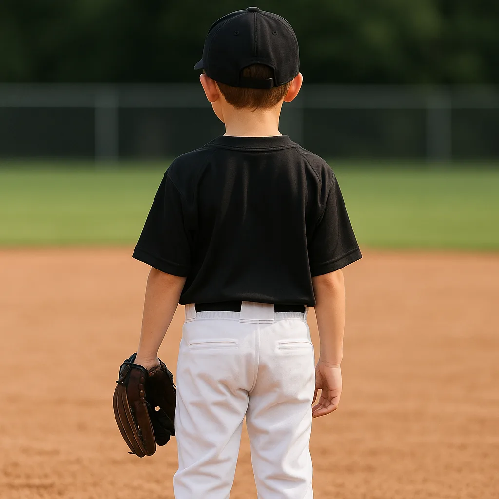 Young Boy Wearing a Black Baseball Jersey