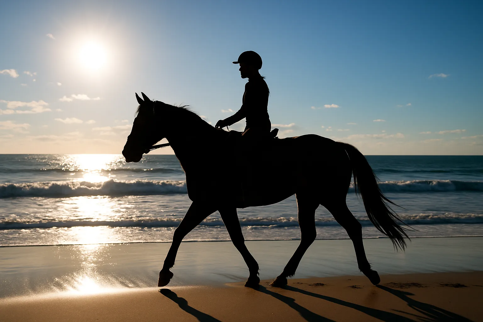 Silhouetted Rider on a Horse Trotting Along a Sunny Beach