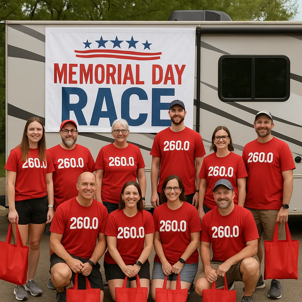 Group of People Wearing Matching Red "260.0" Shirts Poses