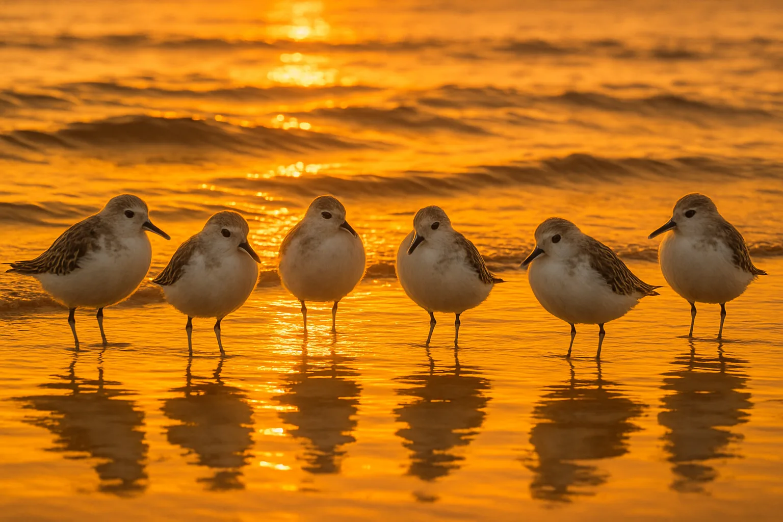 Five Small Shorebirds Stand Along the Edge of the Water