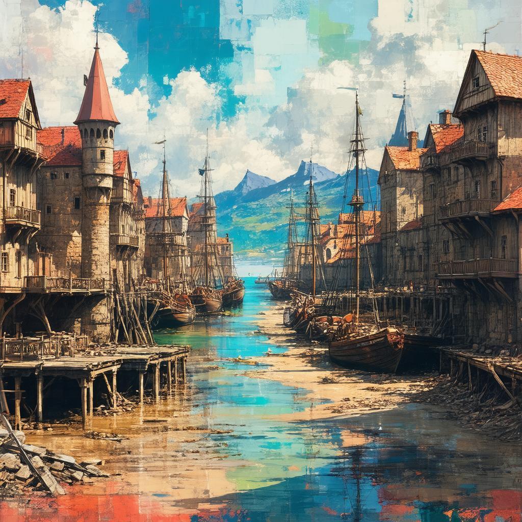 Silted Medieval Port Town in Mixed Media