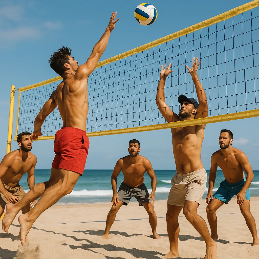 Group of Men Playing Beach Volleyball