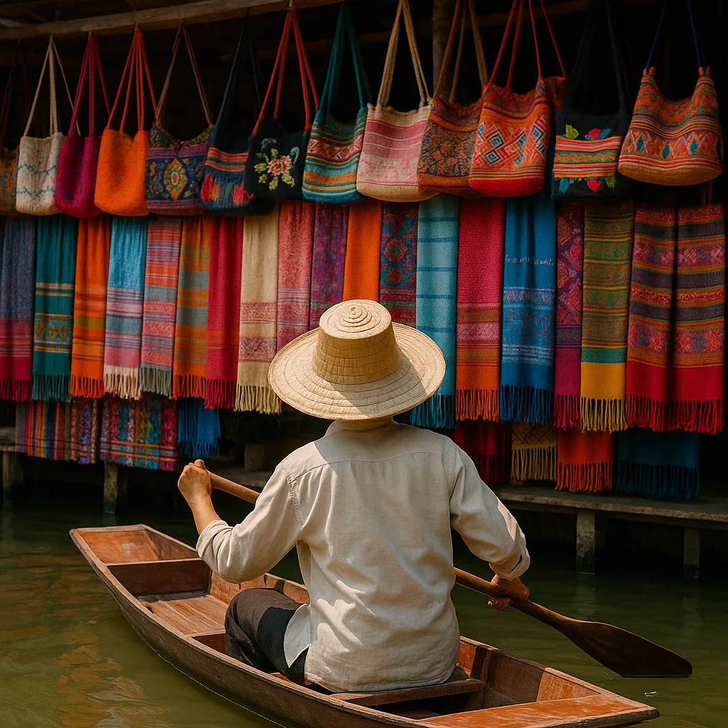 Person Wearing a Straw Hat Paddles a Wooden Boat