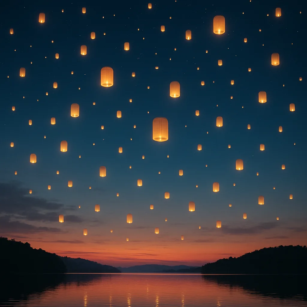 Multitude of Distant Glowing Lanterns Ascends into the Twilight Sky