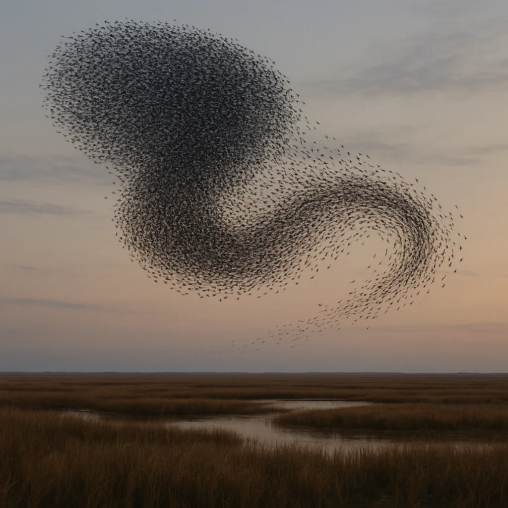 Immense Flock of Starlings Forms a Swirling Murmuration