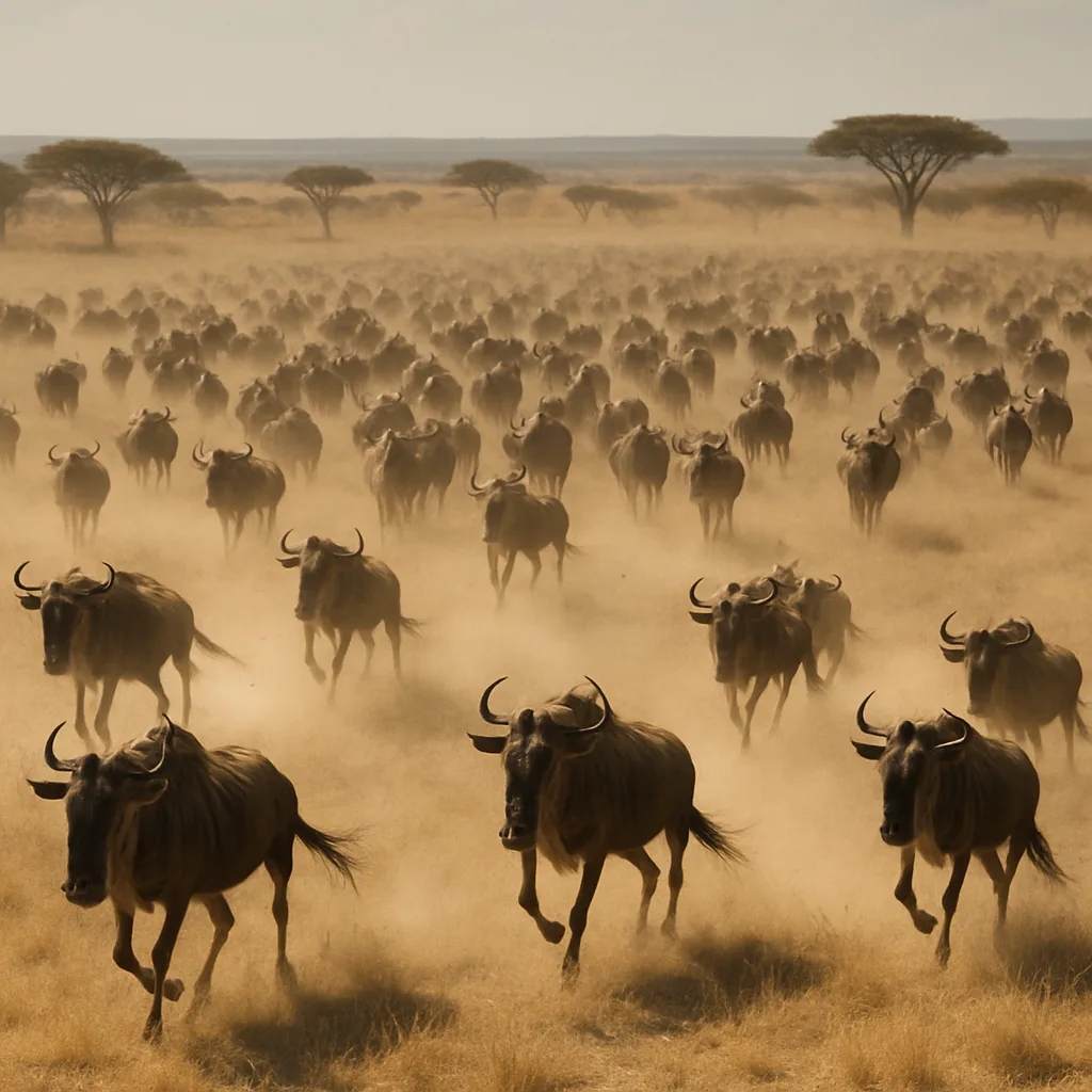 Vast Herd of Distant Wildebeest Kicks Up Dust