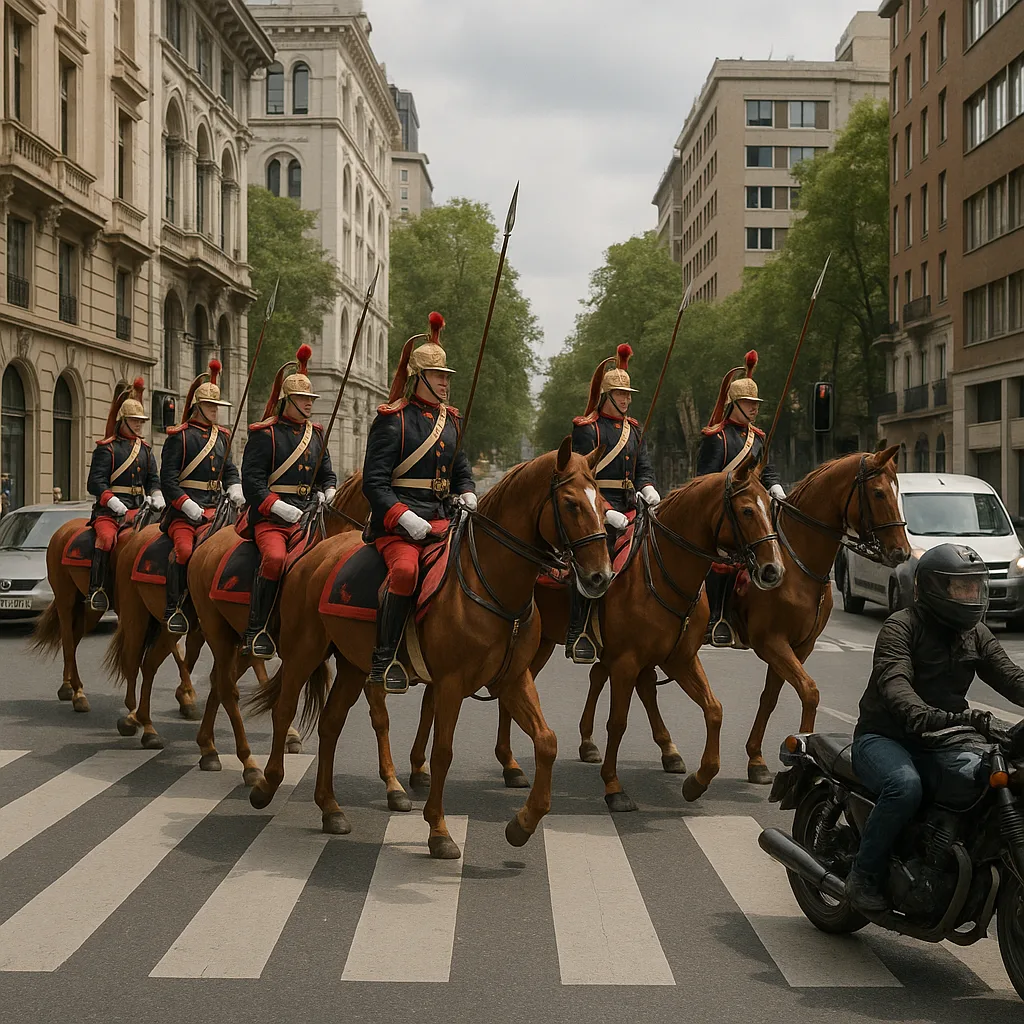 Procession of Mounted Soldiers in Traditional Uniforms Crossing a City