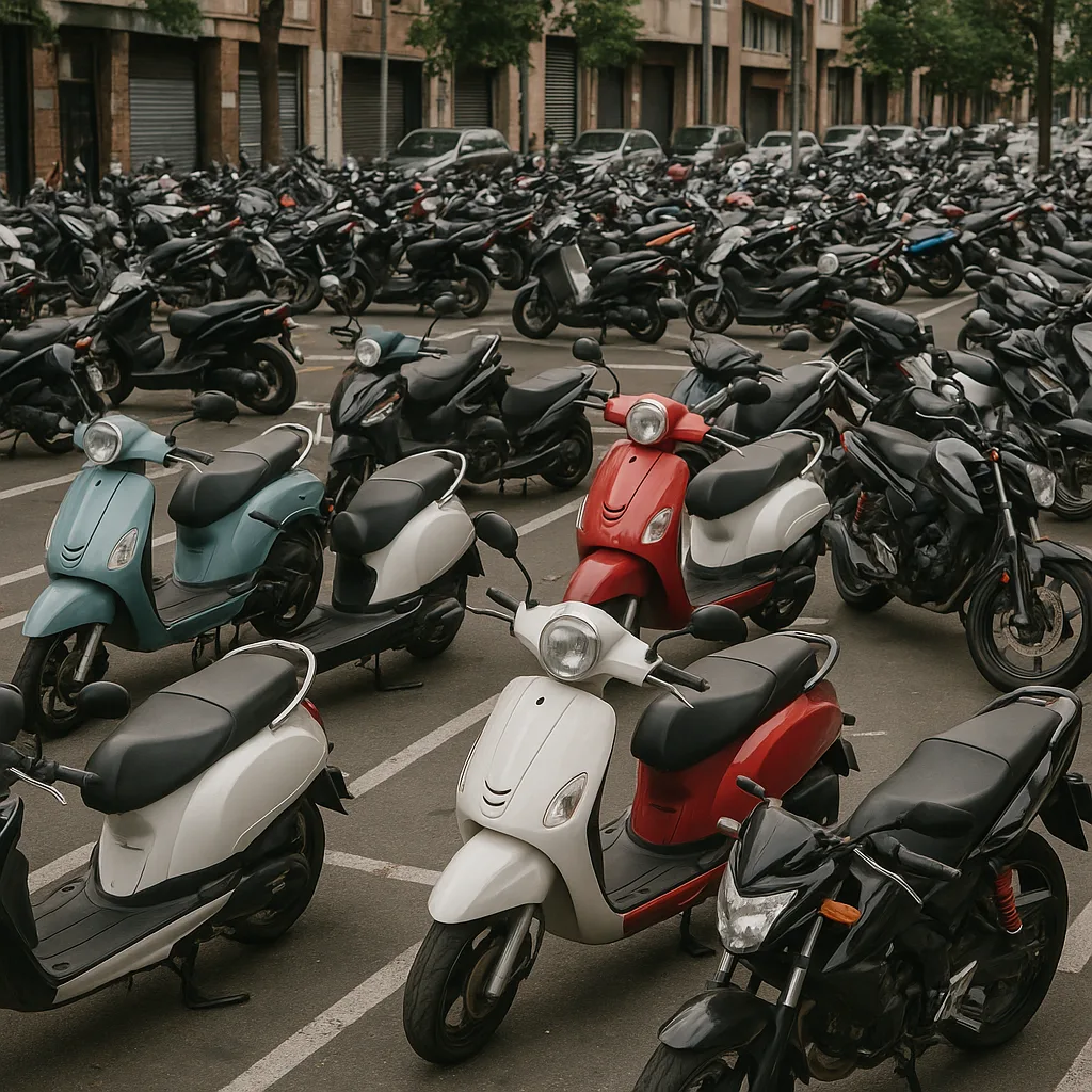 Parking Lot Filled with Various Parked Scooters