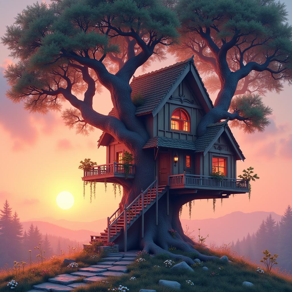 Intricate Tree House Bathed in Pink Sunset