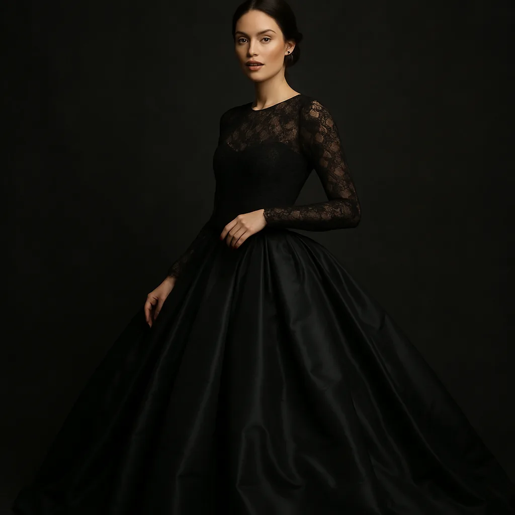 Woman Wearing a Black Long-sleeved Lace Top