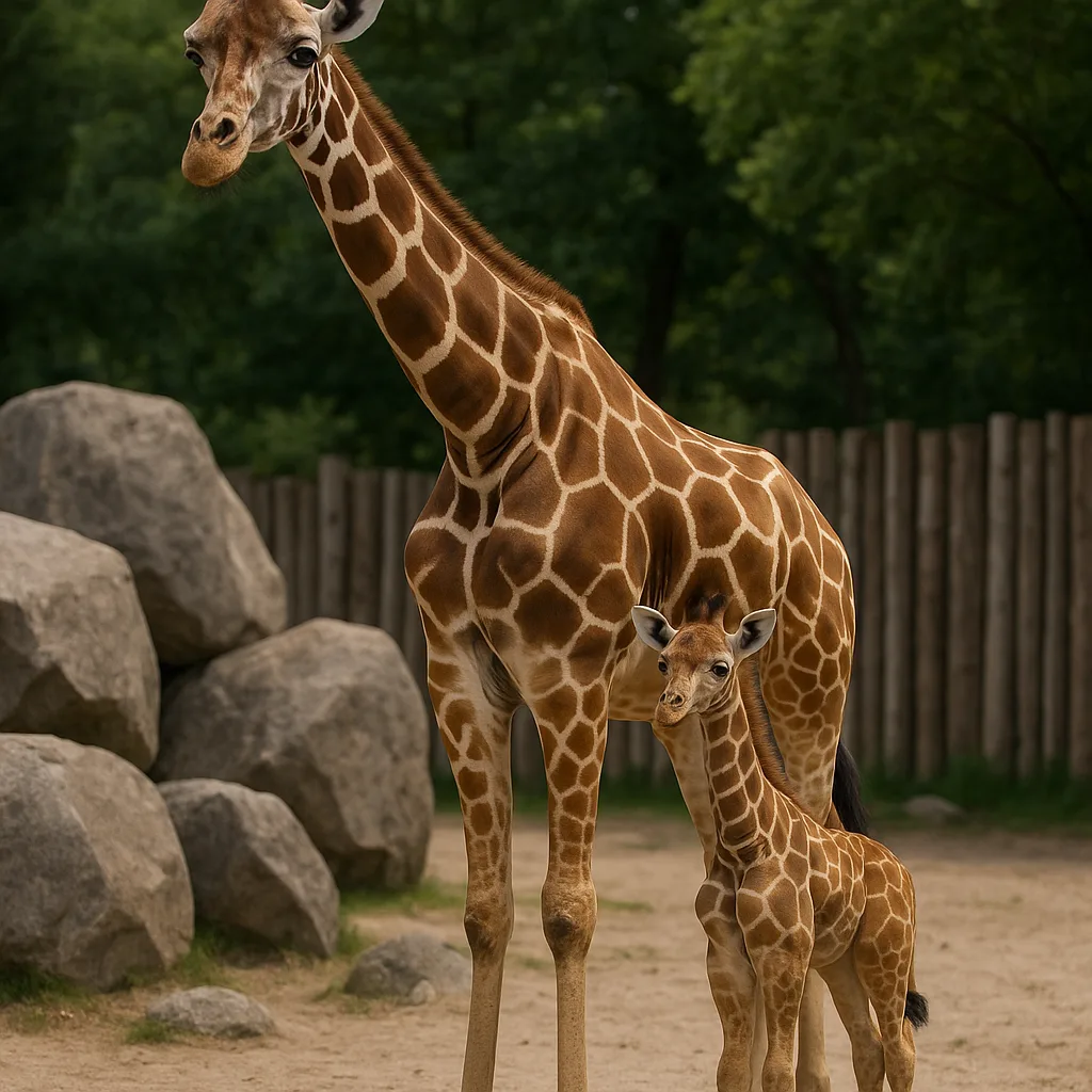 Tall Adult Giraffe and a Small Baby Giraffe Stand Together