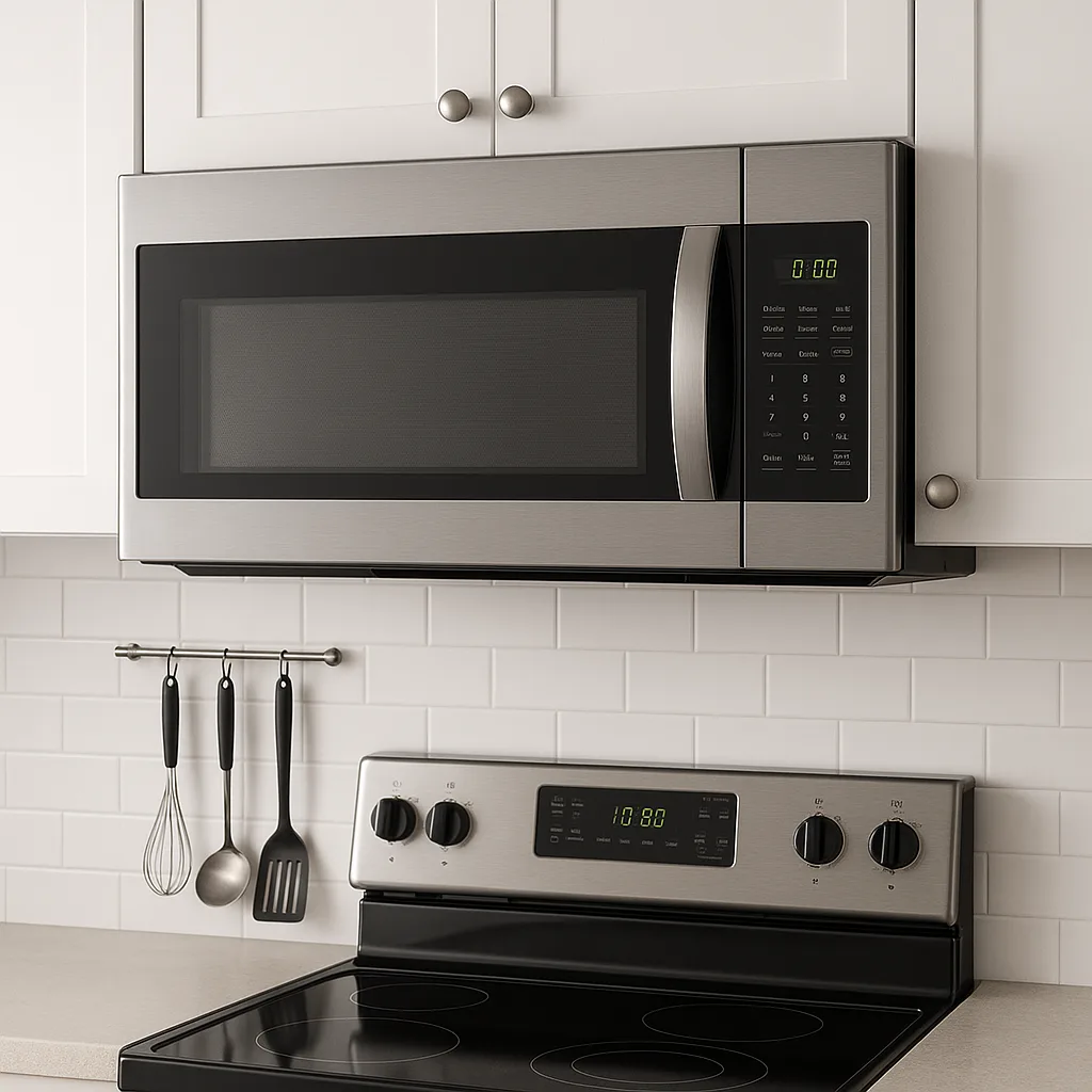 Stainless Steel Microwave Installed Below White Kitchen Cabinets