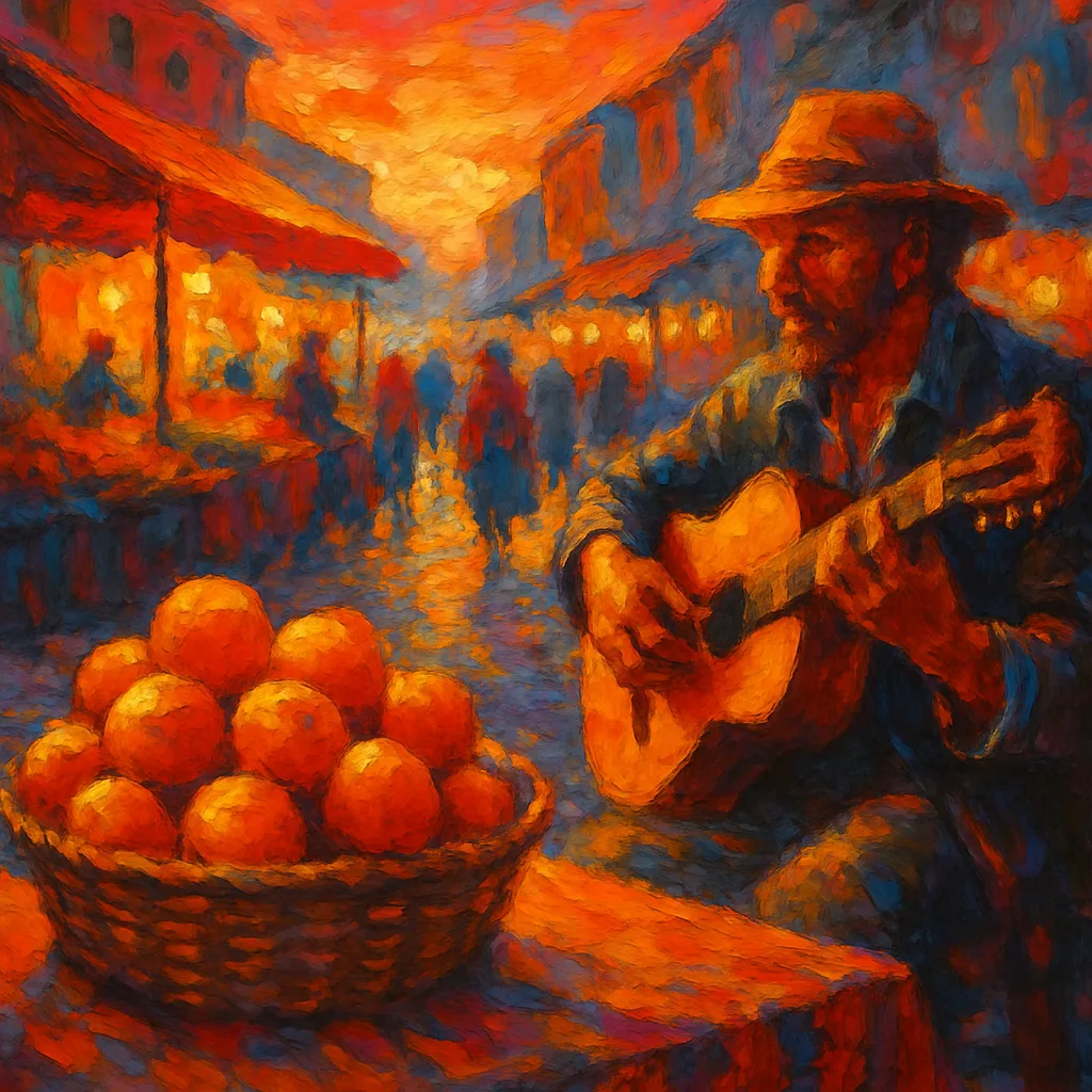 Animated Oil Painting Showcases a Lively Marketplace During Sunset