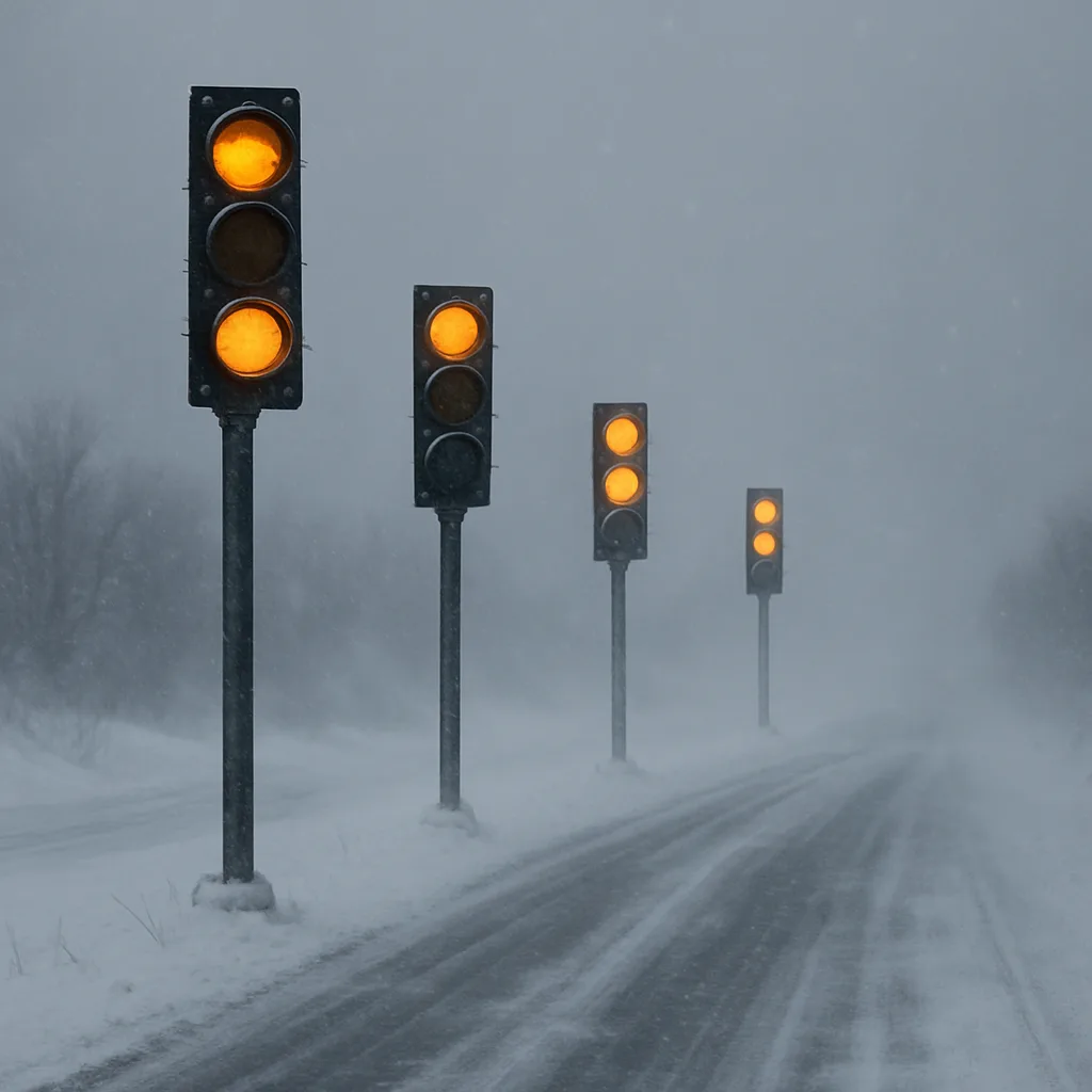 Orange Traffic Lights Flash Intermittently on a Road