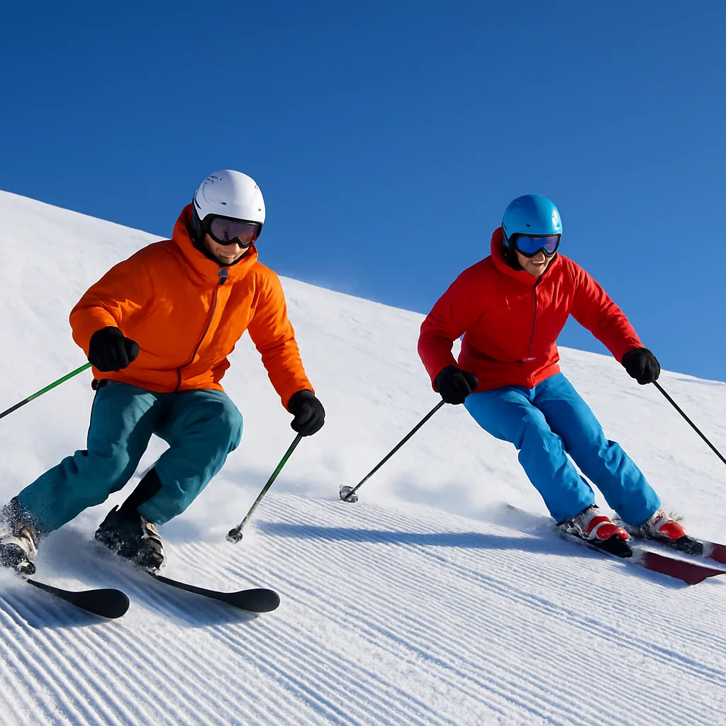 Two Skiers in Colorful Jackets Carving Down a Groomed Snowy