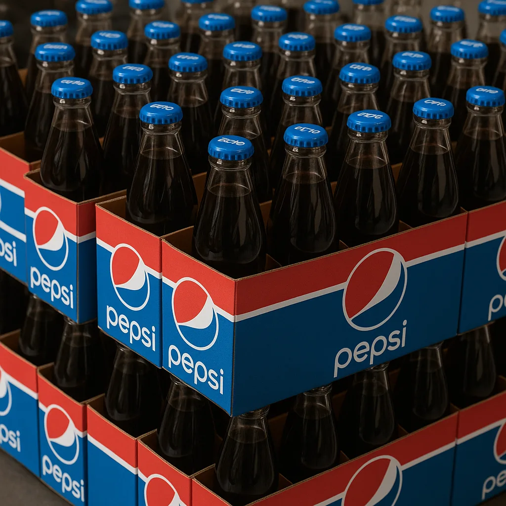 Rows of Glass Pepsi Bottles with Blue Caps
