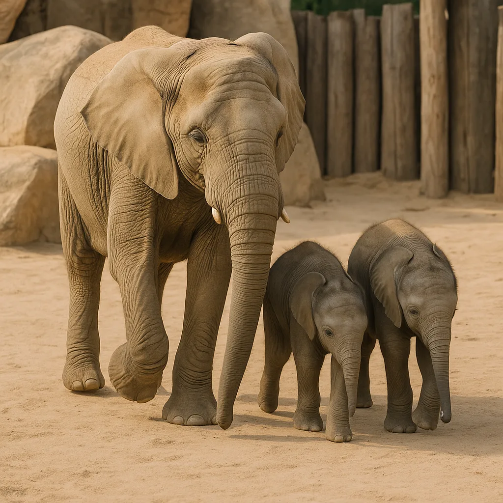 Adult Elephant and Two Baby Elephants Walking Together