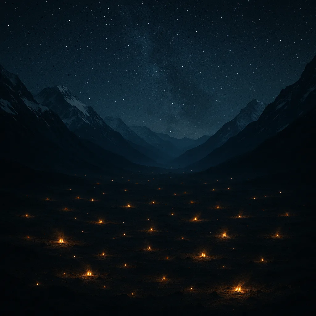 Many Distant Campfires Flicker Like Scattered Embers Across a Vast