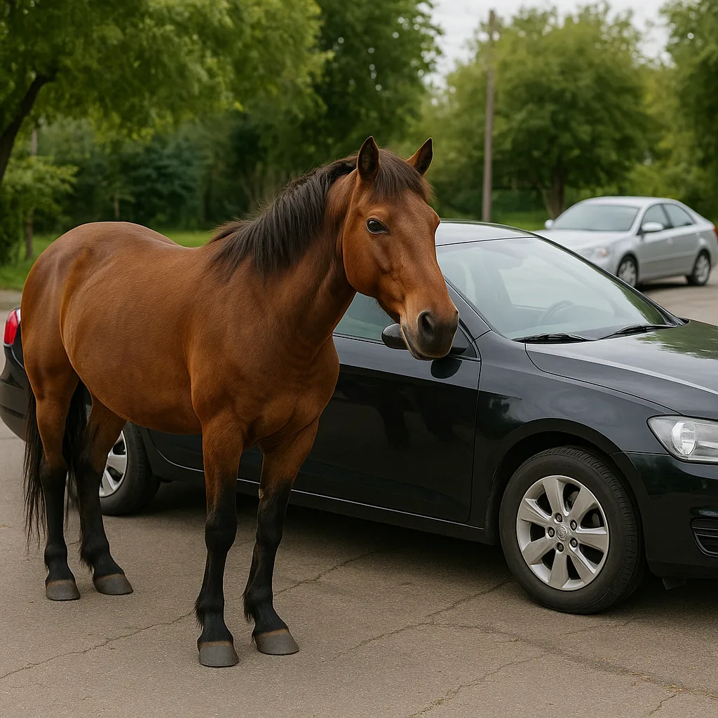 Horse Stands Beside a Stationary Car
