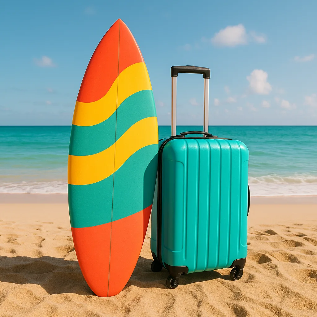 Showcasing a Vibrant Surfboard Propped Up Against a Luggage Bag