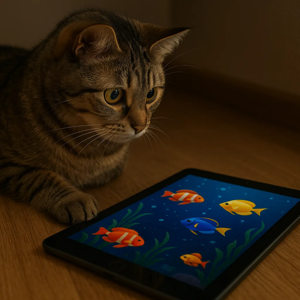 Fascinated Feline Closely Observing a Tablet Display